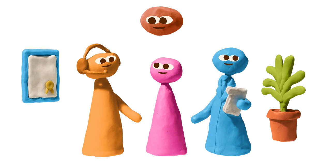 A care coordinator, a patient and a doctor in a clinic, with Niq above them